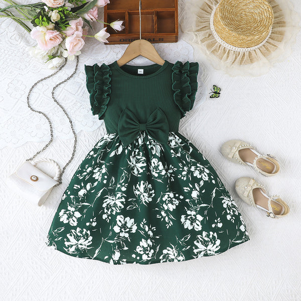 Summer elegant lady style small floral skirt bow decorative fungus edge sleeve crew neck dress