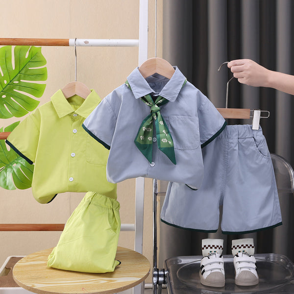 Korean version of children's scarf shirt set 2025 new boys' summer set casual versatile two-piece set trendy