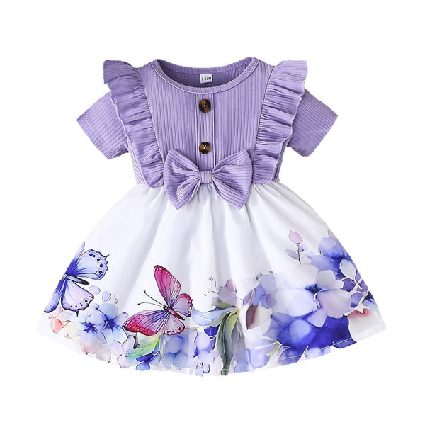 2025 cute baby girl summer new butterfly flower pattern skirt short sleeve dress daily leisure
