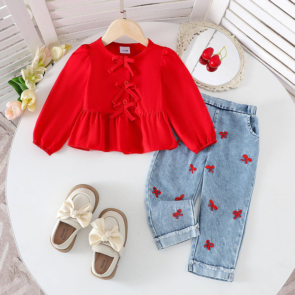 Girls’ Clothing Set – Red Long Sleeve Top + Blue Denim Jeans, Stylish Cross-Border Kids’ Outfit