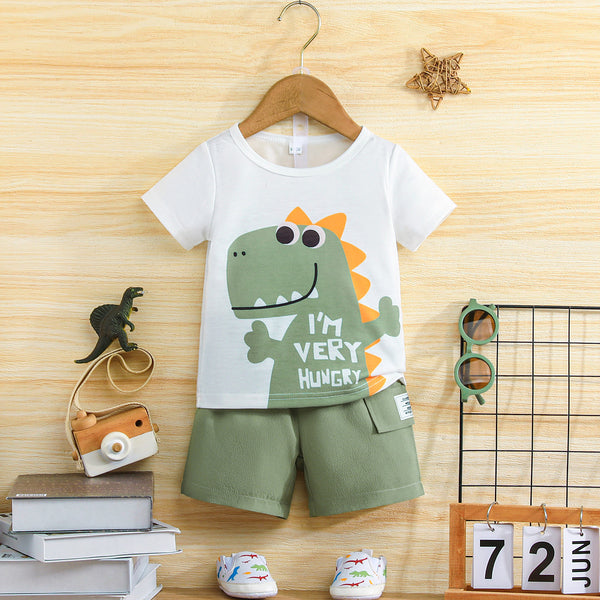 Boys' dinosaur short-sleeved set 2025 summer children's T-shirt + shorts two-piece set, cartoon printing breathable sports