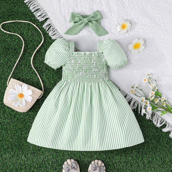 Cute baby girl summer new, striped pattern lantern sleeve dress + headscarf daily leisure