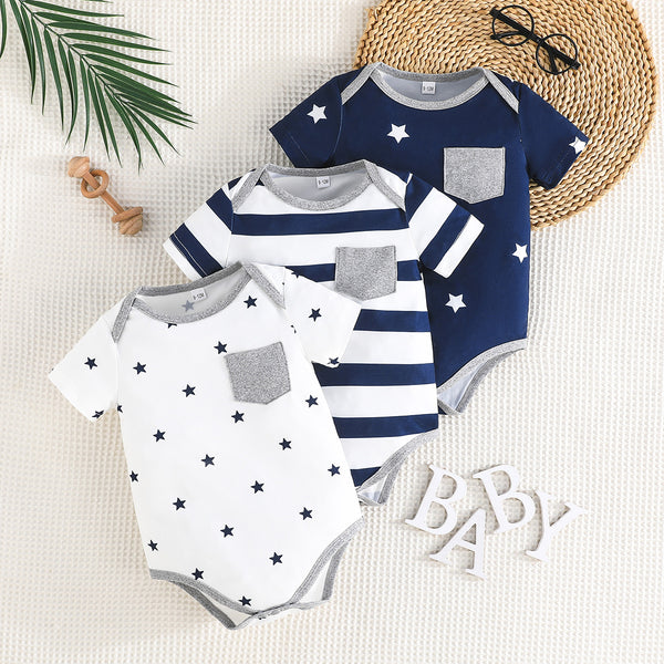 2025 baby boy star-striped cute climbing suit fart coat, summer daily leisure new 3-piece set
