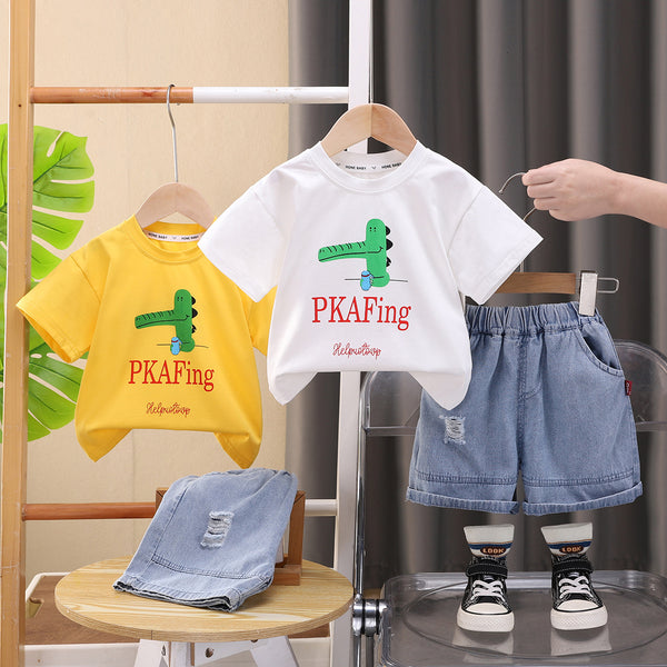 2025 summer new fashion printed T-shirt Korean version of children's suit cute crocodile short sleeve two-piece set