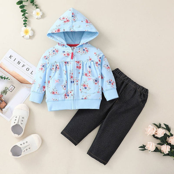 2-Piece Petite flower floral hoodie suit pant set. - Negative Apparel