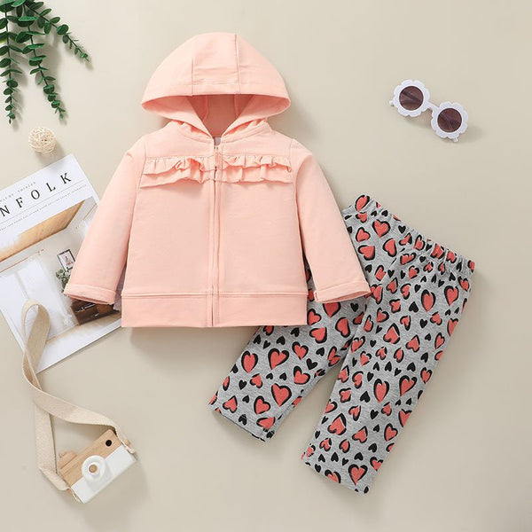 2-Piece Soft pink Hoodie with giraffe print toruser set - Negative Apparel