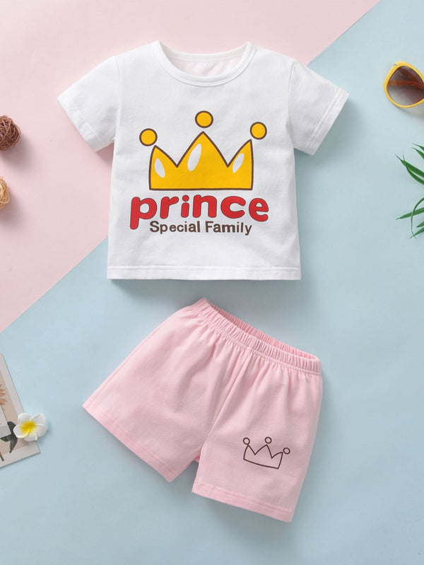Baby Girl Crown & Letter Graphic Tee With Shorts - Negative Apparel