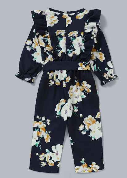 Baby girls' floral print ruffled belted jumpsuit - Negative Apparel