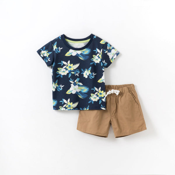 Blue Floral Crew Neck With Khaki Shorts - Negative Apparel