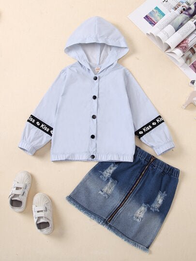 Girls Lapel Long Sleeve Button Front Shirt& Ribbed Denim Zipper Shorts - Negative Apparel