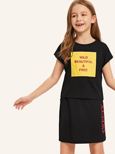 Girls Letter Graphic Tee And Shorts Set - Negative Apparel