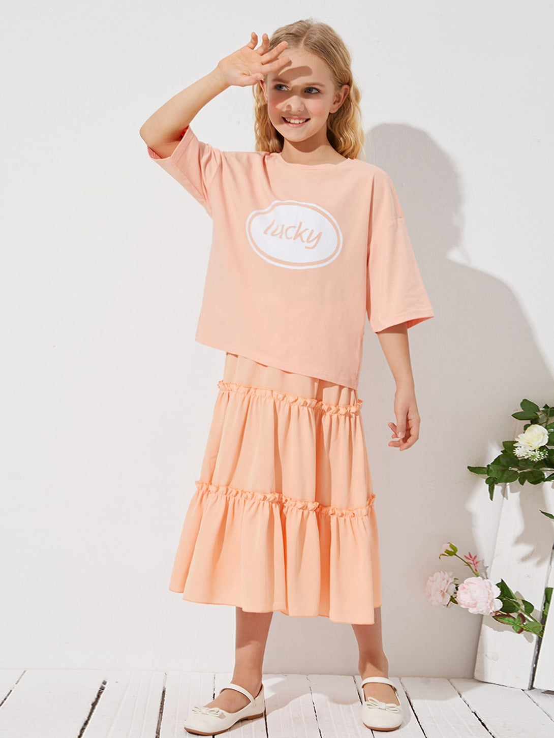 Girls Letter Graphic Tee & Layered Hem Skirt Set - Negative Apparel