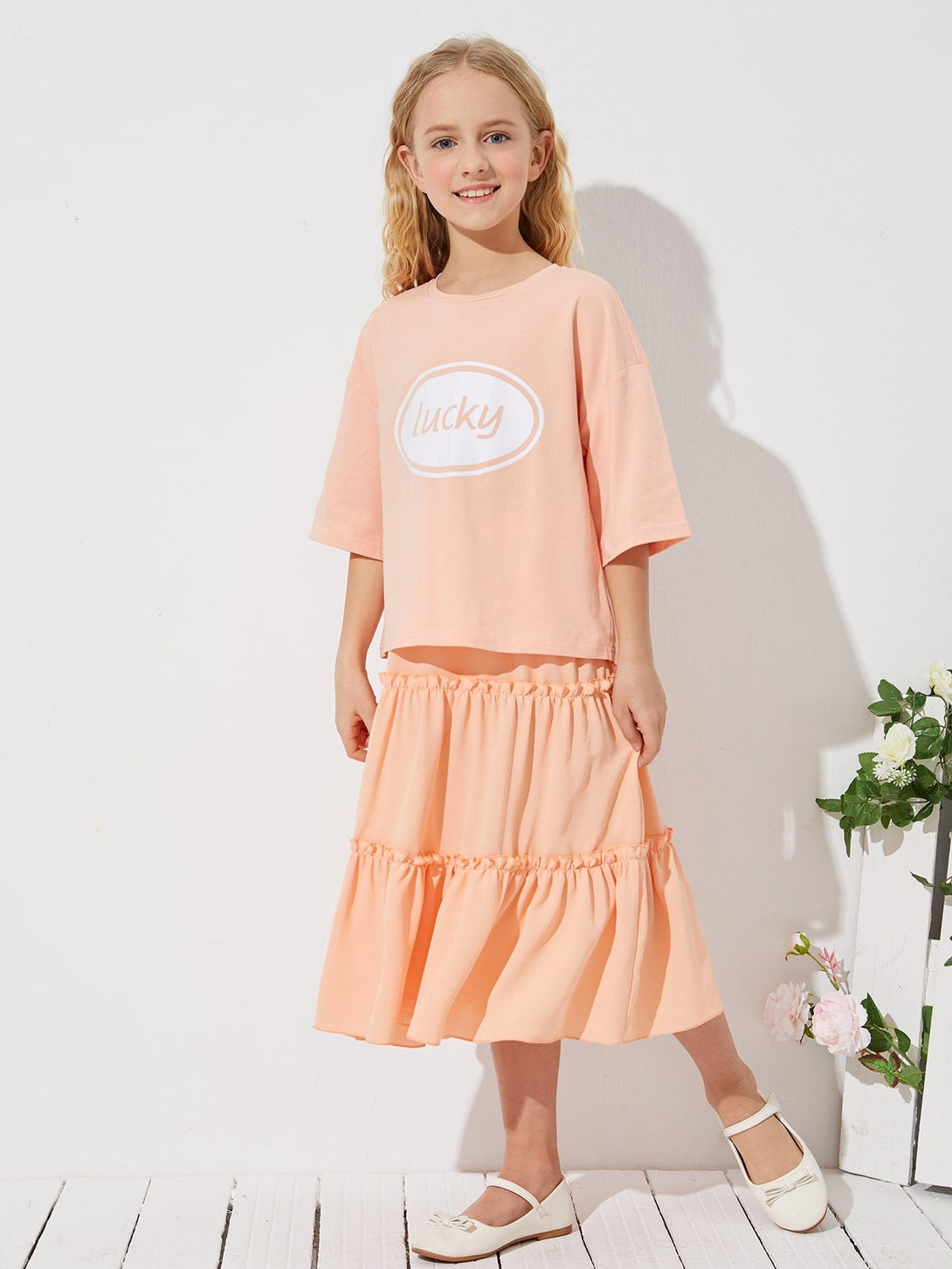 Girls Letter Graphic Tee & Layered Hem Skirt Set - Negative Apparel