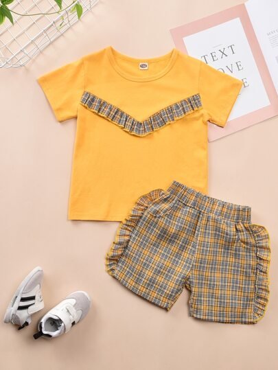 Girls Plaid Frill Print Top & Skirt Set - Negative Apparel