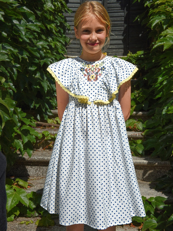 Girls Polka Dot Floral Embroidery Ruffle Trim Dress - Negative Apparel