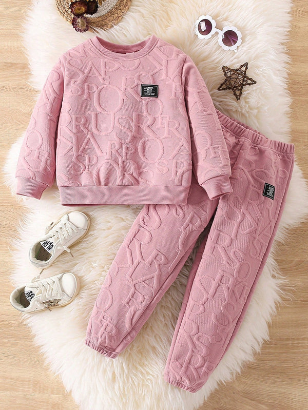 SHEIN 2pcs/set Girls' Casual Alphabet Embroidery Patchwork Round Neck Sweatshirt And Sweatsuit - Negative Apparel