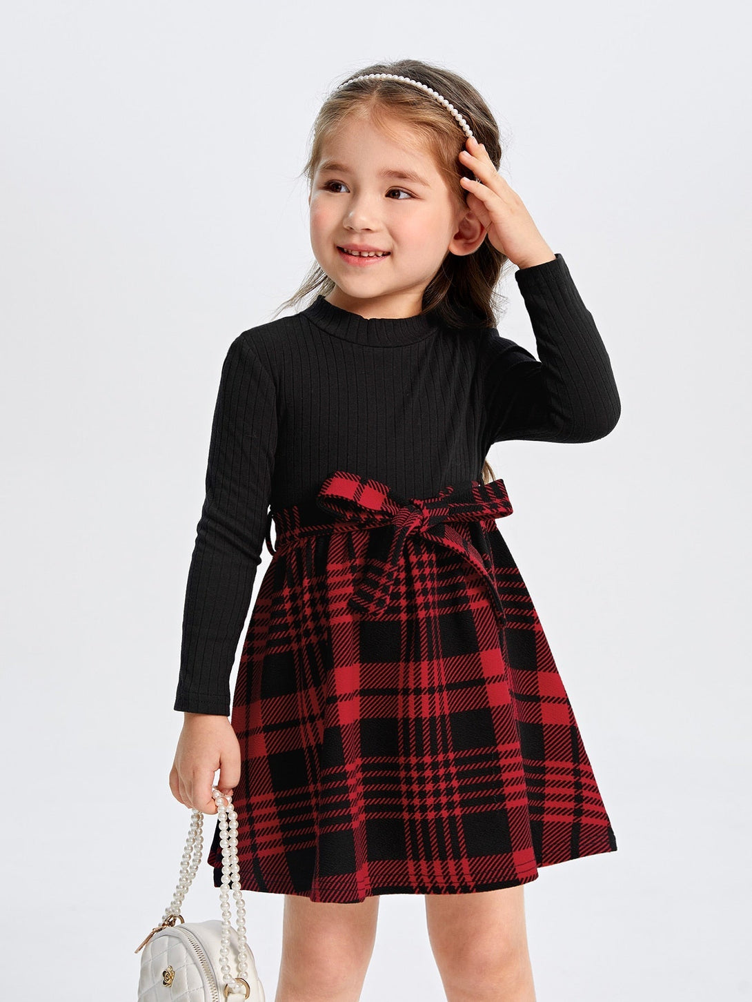 SHEIN Kids EVRYDAY Toddler Girls Plaid Panel Belted Dress - Negative Apparel