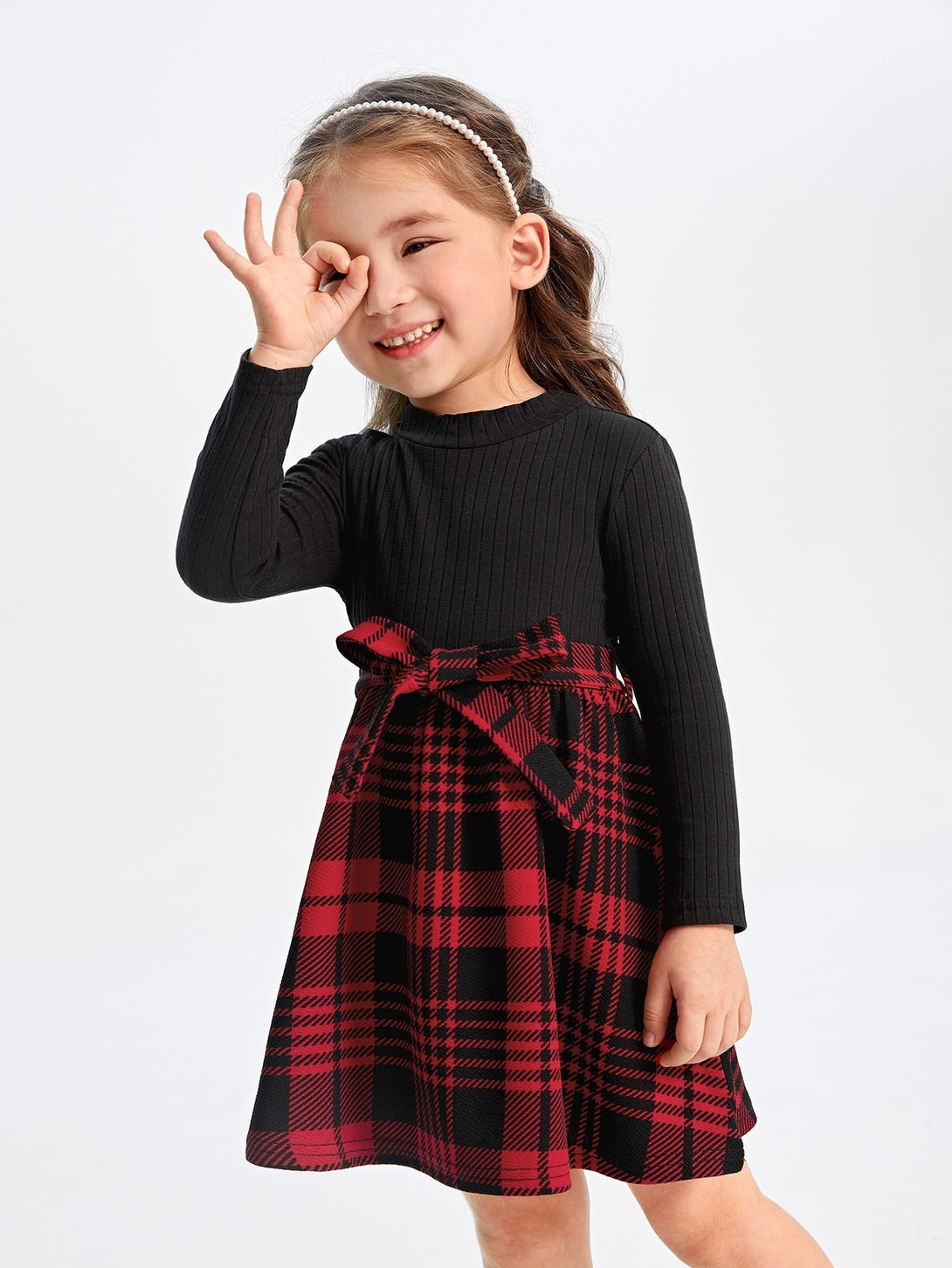 SHEIN Kids EVRYDAY Toddler Girls Plaid Panel Belted Dress - Negative Apparel