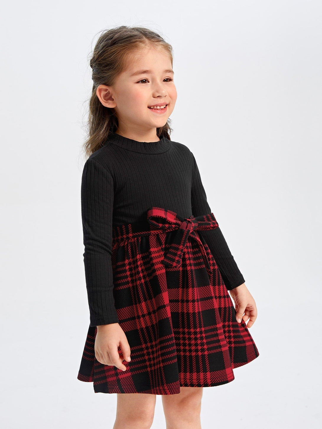 SHEIN Kids EVRYDAY Toddler Girls Plaid Panel Belted Dress - Negative Apparel