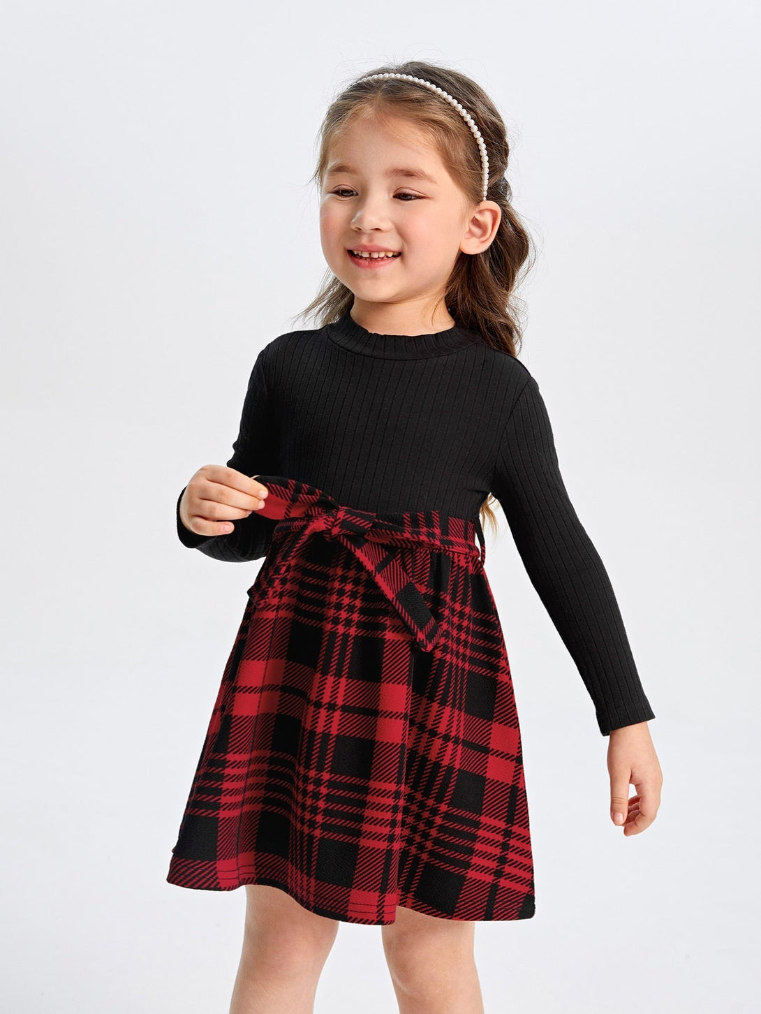 SHEIN Kids EVRYDAY Toddler Girls Plaid Panel Belted Dress - Negative Apparel