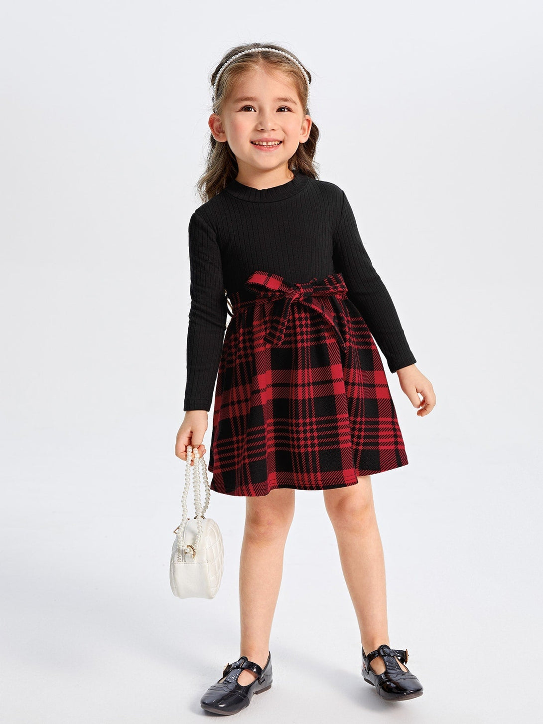 SHEIN Kids EVRYDAY Toddler Girls Plaid Panel Belted Dress - Negative Apparel