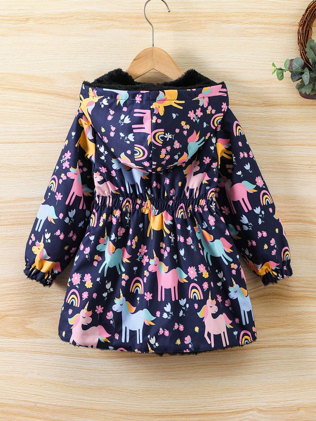 SHEIN Kids EVRYDAY Young Girl 1pc Floral Print Hooded Teddy Lined Reversible Coat - Negative Apparel