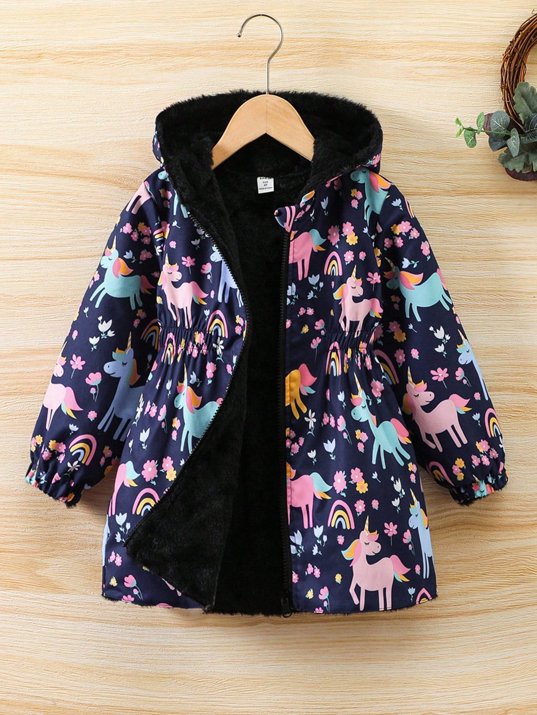 SHEIN Kids EVRYDAY Young Girl 1pc Floral Print Hooded Teddy Lined Reversible Coat - Negative Apparel