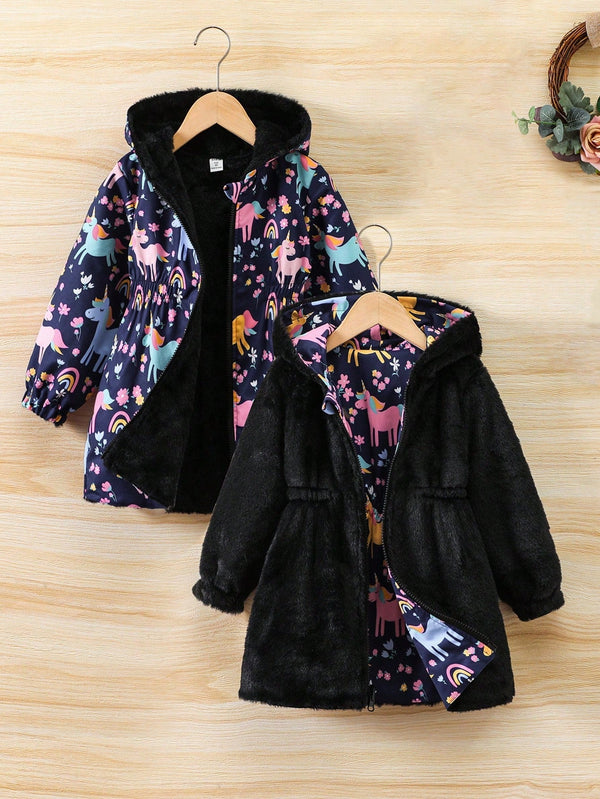 SHEIN Kids EVRYDAY Young Girl 1pc Floral Print Hooded Teddy Lined Reversible Coat - Negative Apparel