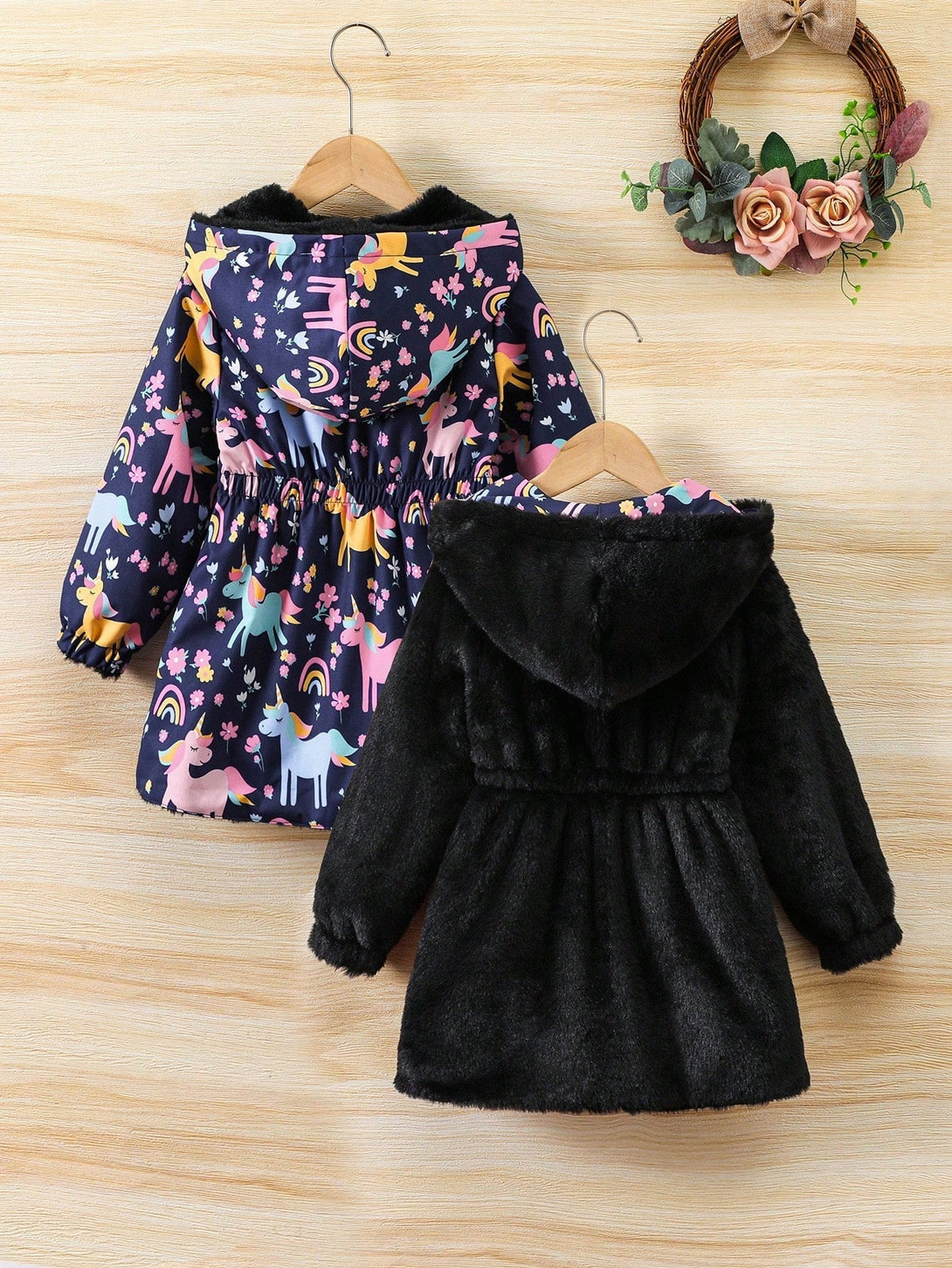 SHEIN Kids EVRYDAY Young Girl 1pc Floral Print Hooded Teddy Lined Reversible Coat - Negative Apparel