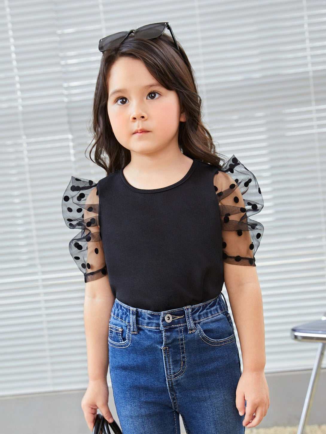 SHEIN Kids FANZEY Toddler Girls Contrast Dobby Mesh Puff Sleeve Blouse - Negative Apparel