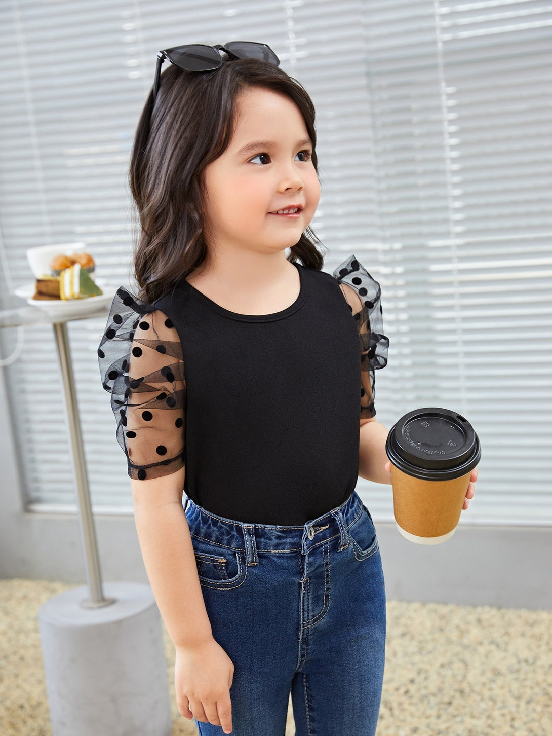 SHEIN Kids FANZEY Toddler Girls Contrast Dobby Mesh Puff Sleeve Blouse - Negative Apparel