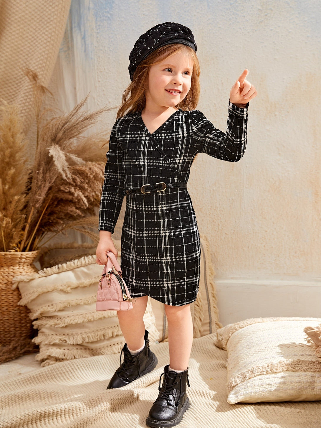 SHEIN Kids FANZEY Toddler Girls Plaid Print Wrap Dress Without Belt - Negative Apparel