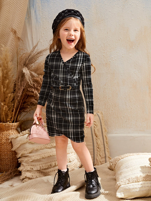 SHEIN Kids FANZEY Toddler Girls Plaid Print Wrap Dress Without Belt - Negative Apparel