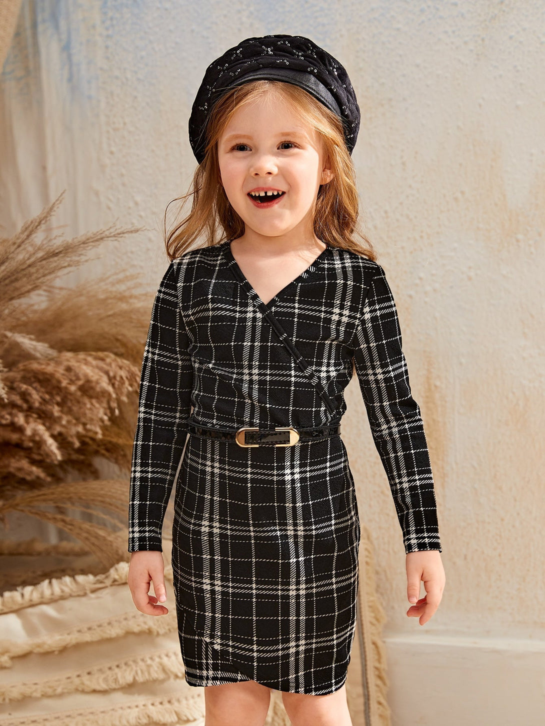 SHEIN Kids FANZEY Toddler Girls Plaid Print Wrap Dress Without Belt - Negative Apparel