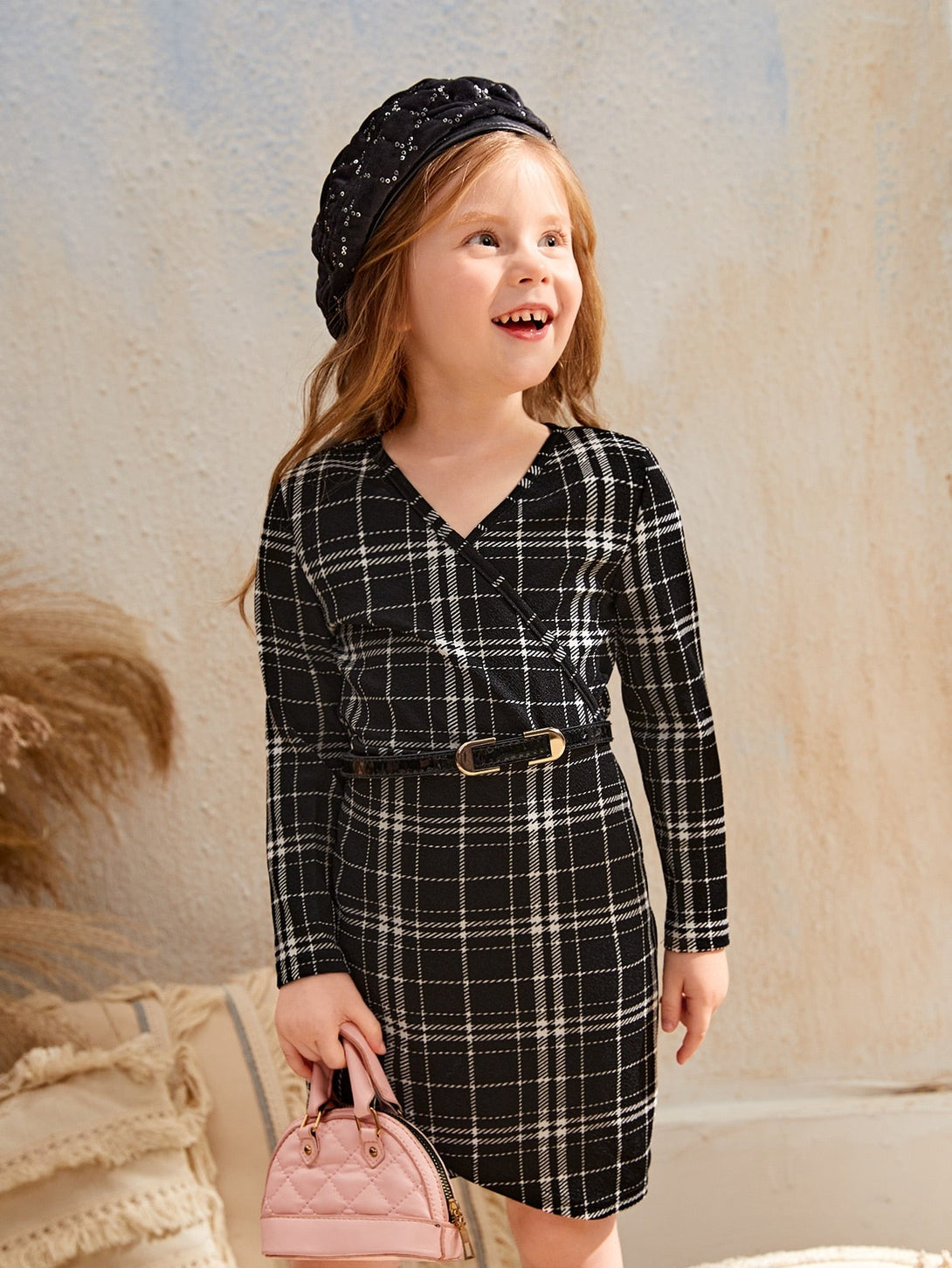 SHEIN Kids FANZEY Toddler Girls Plaid Print Wrap Dress Without Belt - Negative Apparel