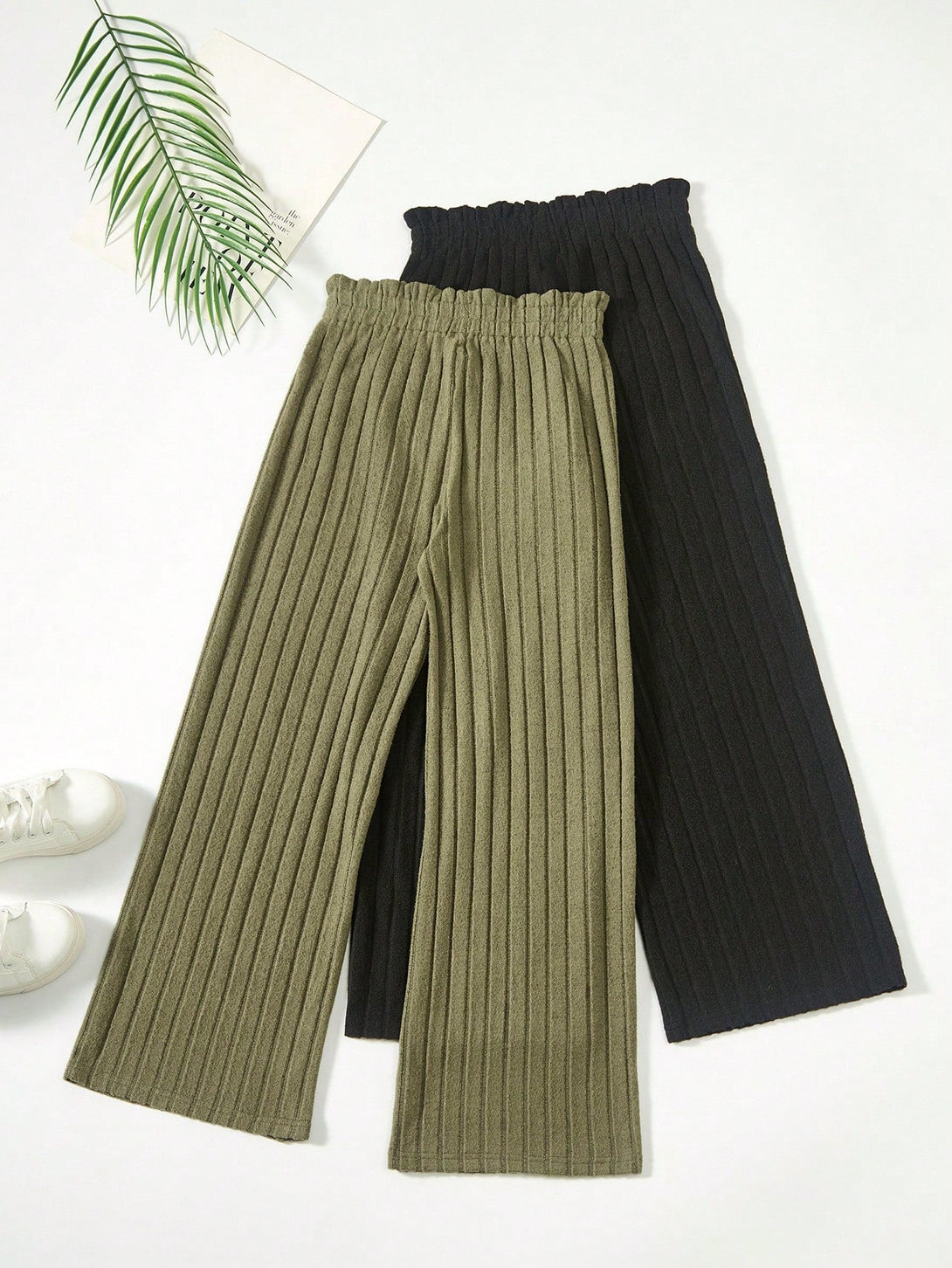 SHEIN Kids HYPEME Tween Girl 2pcs Paperbag Waist Rib-knit Wide Leg Pants - Negative Apparel