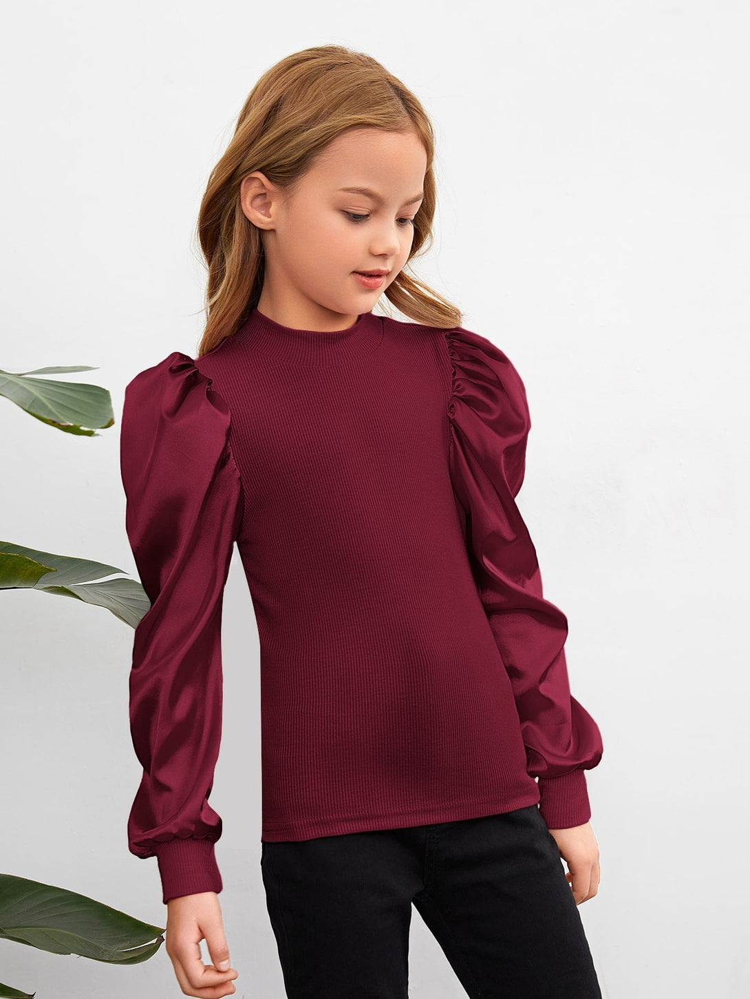 SHEIN Kids Nujoom Girls Puff Sleeve Rib Knit Top - Negative Apparel