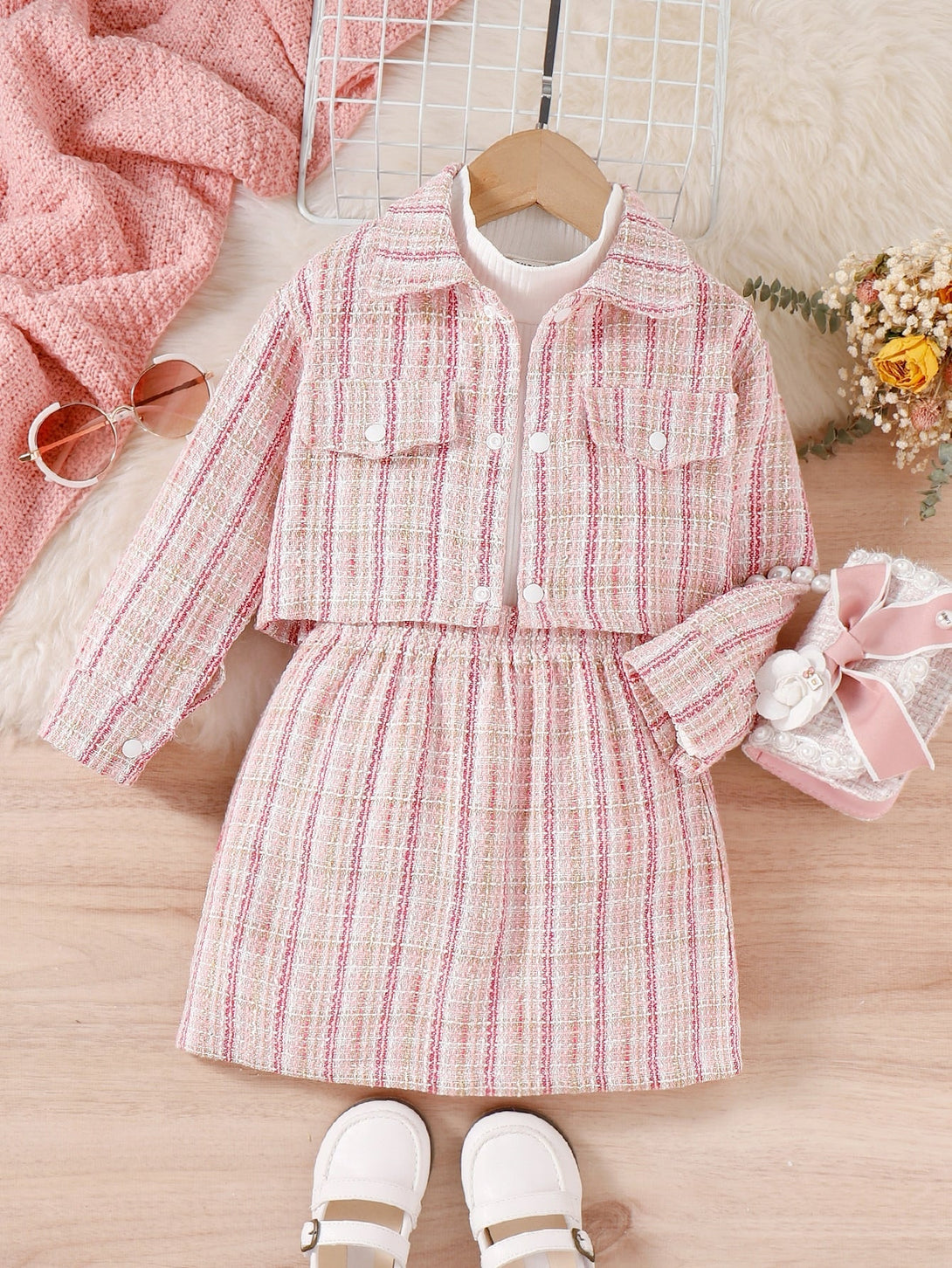 SHEIN Kids SUNSHNE Young Girl Plaid Print Flap Detail Jacket & Skirt & Tee - Negative Apparel