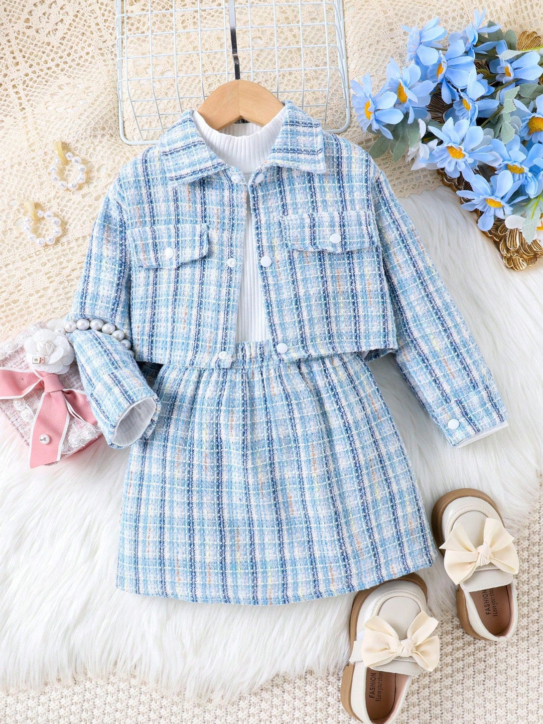 SHEIN Kids SUNSHNE Young Girl Plaid Print Flap Detail Jacket & Skirt & Tee - Negative Apparel