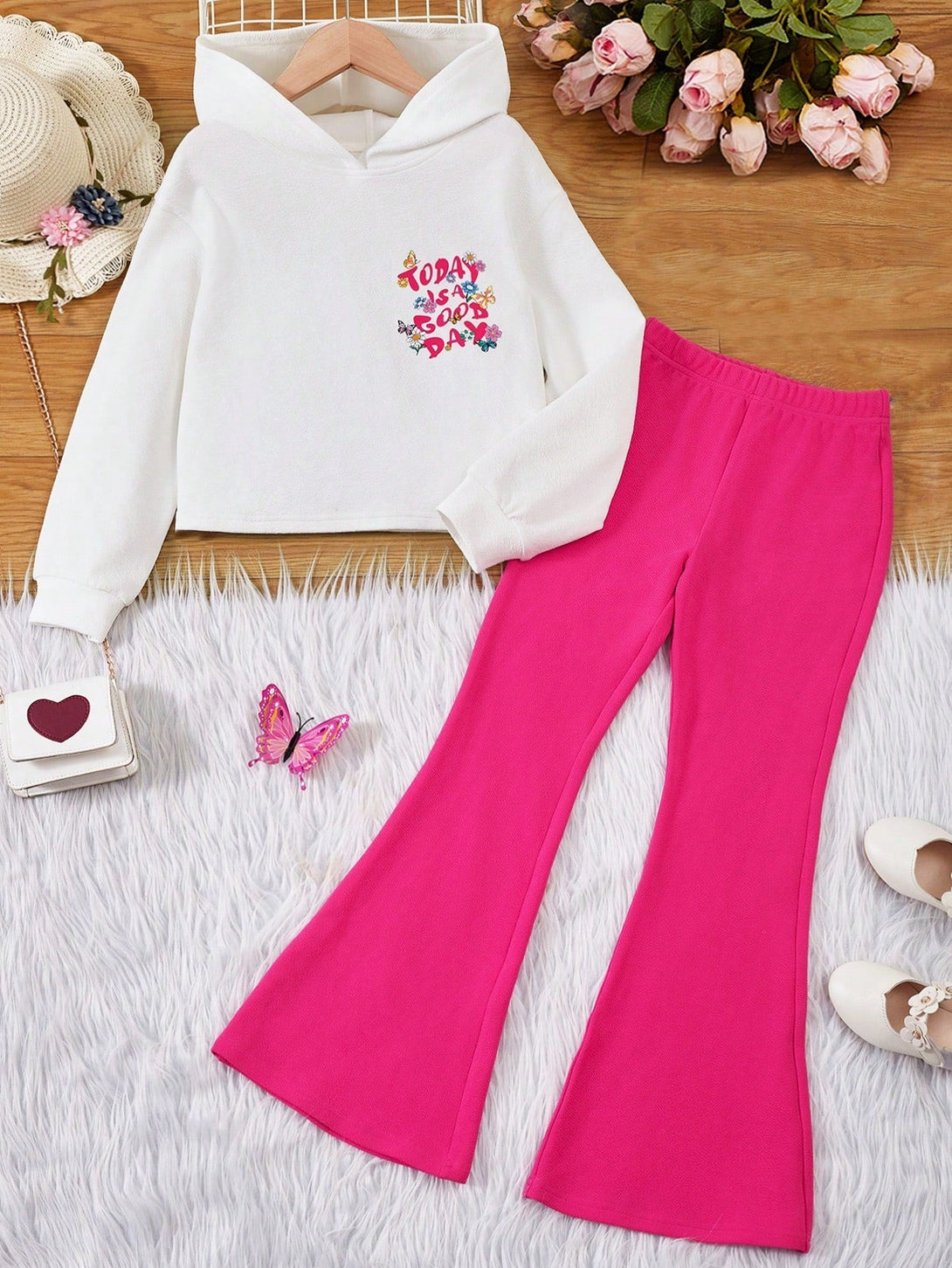 SHEIN Tween Girl Floral & Slogan Graphic Hoodie & Flare Leg Pants - Negative Apparel
