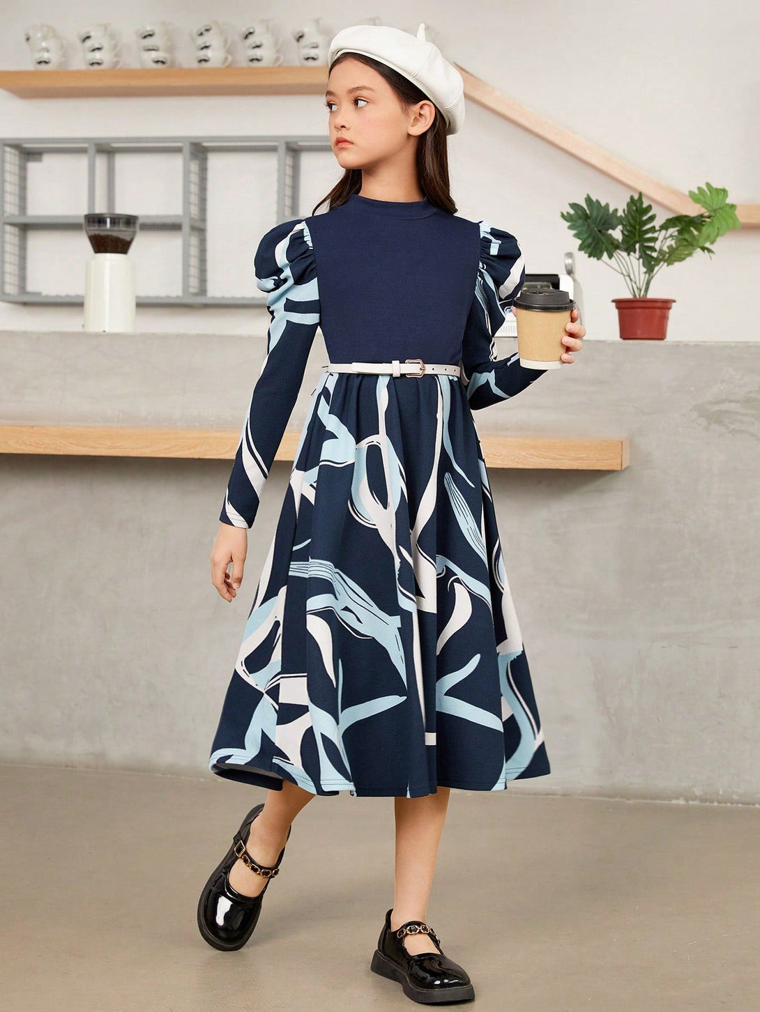 SHEIN Tween Girl Graphic Print Puff Sleeve Dress - Negative Apparel