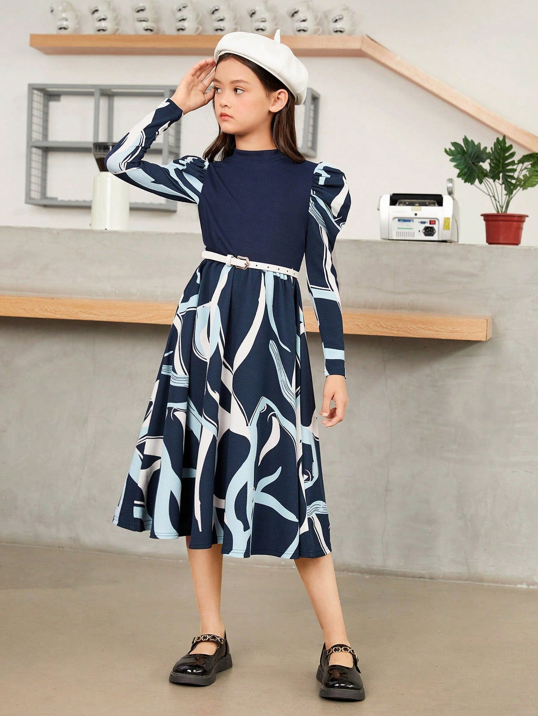 SHEIN Tween Girl Graphic Print Puff Sleeve Dress - Negative Apparel