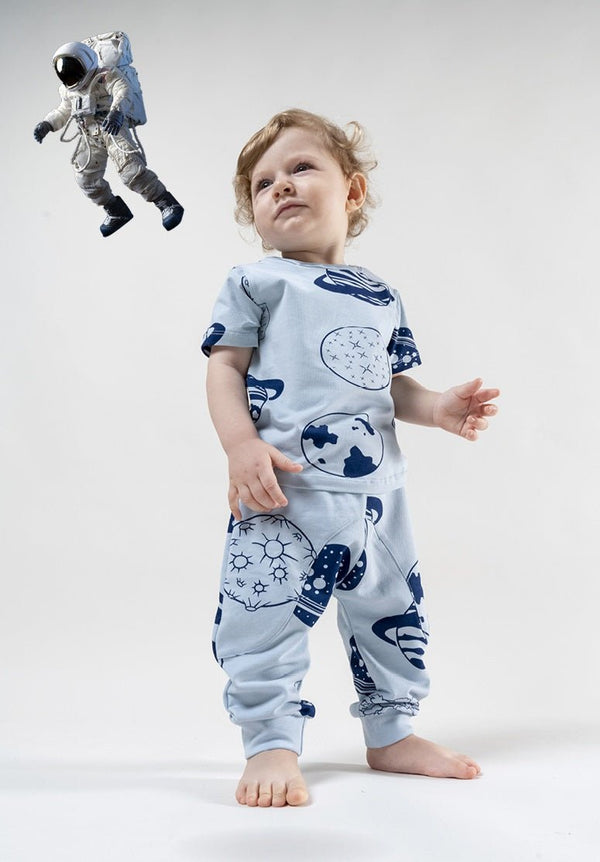 Short sleeve planet pattern design top paired with stretchable pajama pants. - Negative Apparel