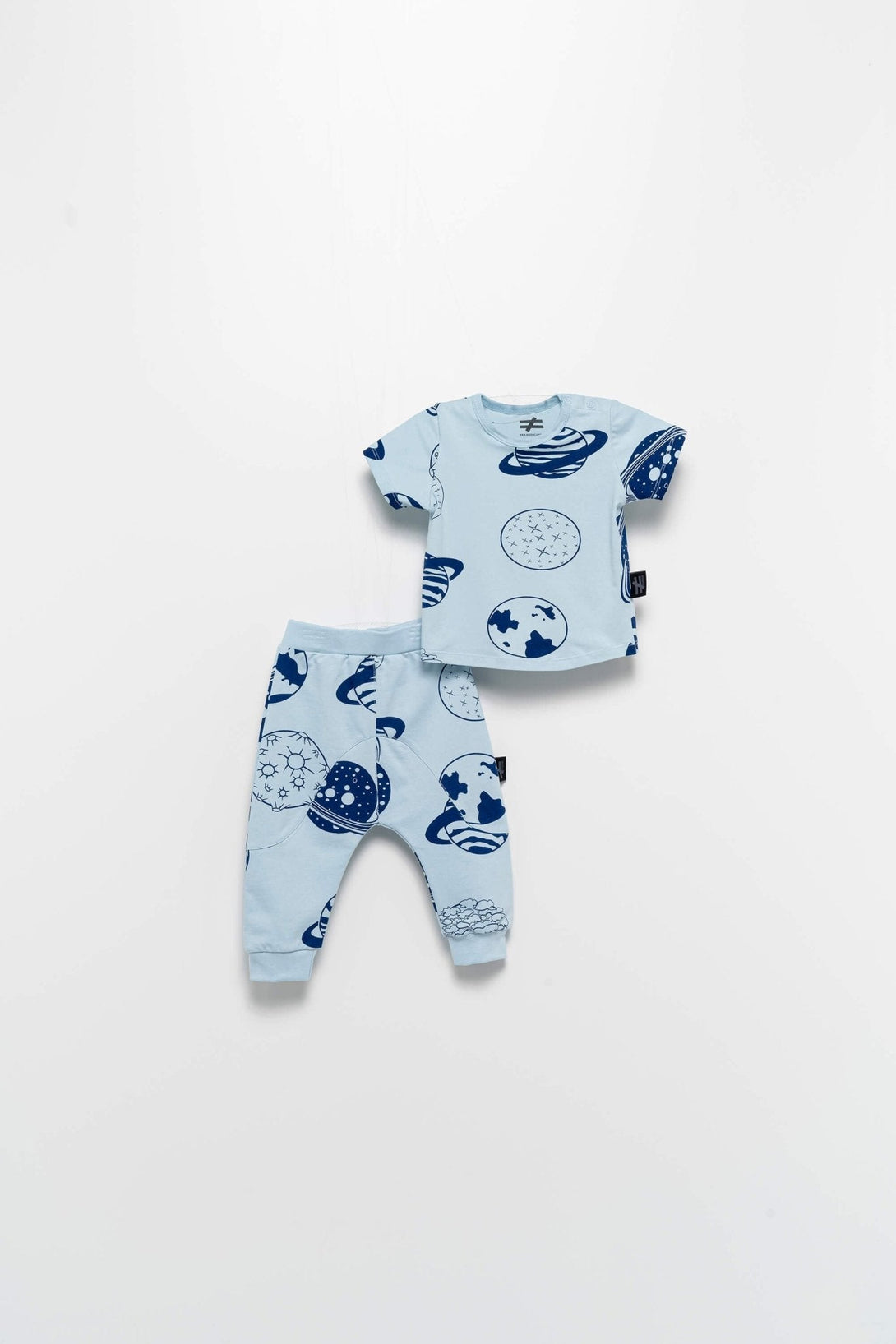 Short sleeve planet pattern design top paired with stretchable pajama pants. - Negative Apparel