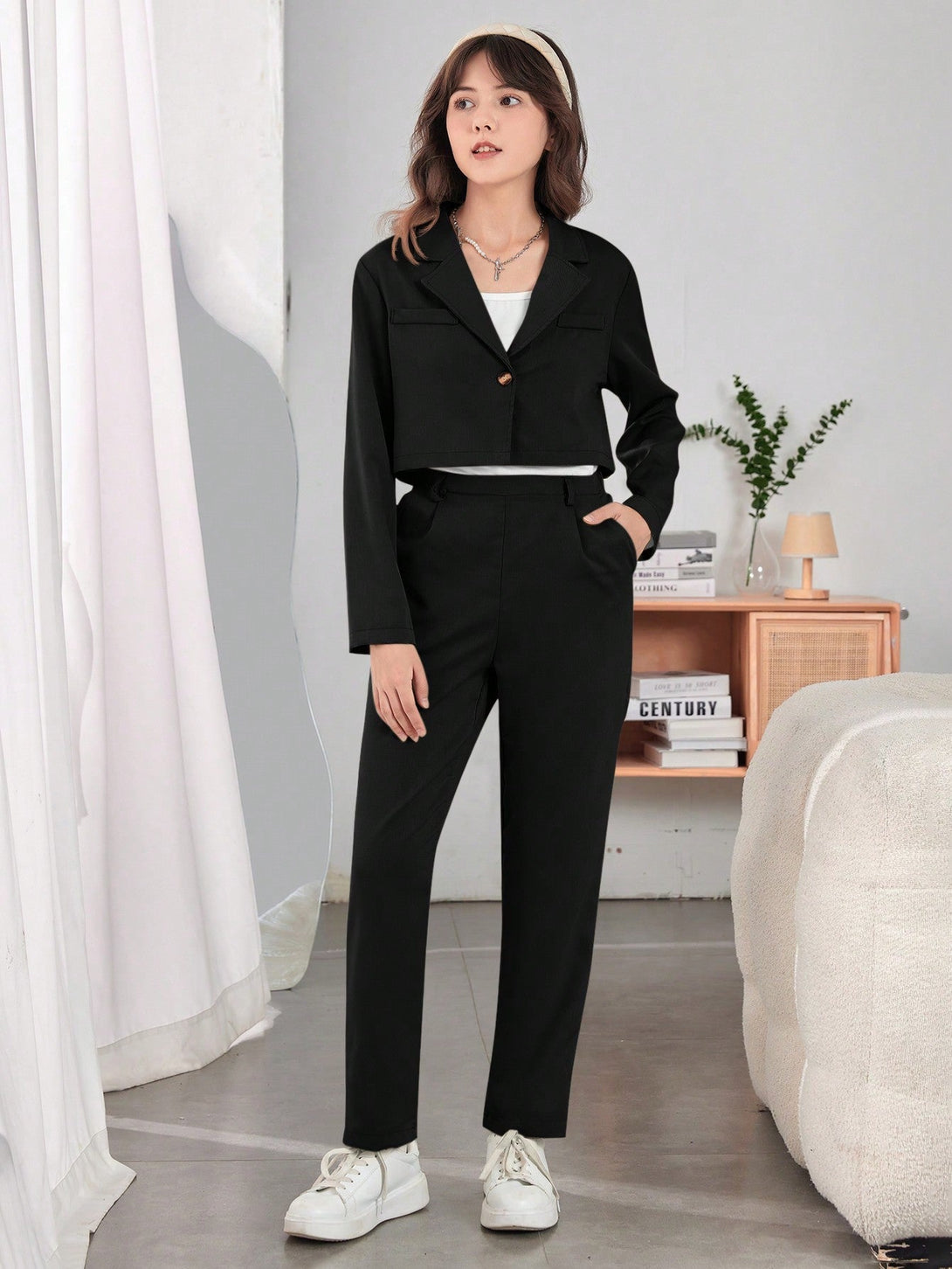 Teen Girl Lapel Neck Blazer & Pants Without Tee - Negative Apparel