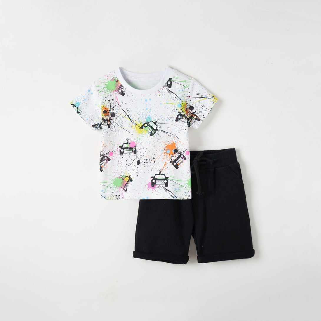 White and Black Car Graphic Tee and Shorts Set - Negative Apparel