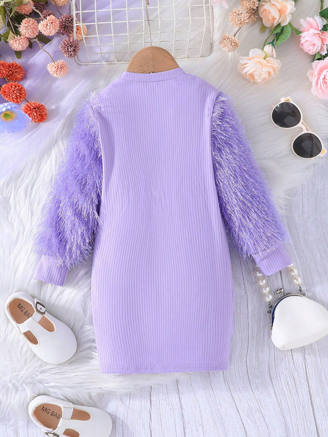 Young Girl Fuzzy Sleeve Fitted Dress - Negative Apparel