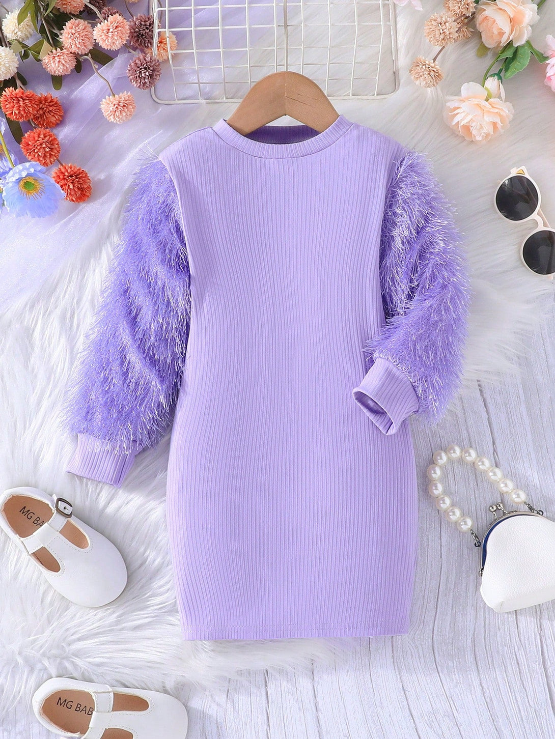 Young Girl Fuzzy Sleeve Fitted Dress - Negative Apparel