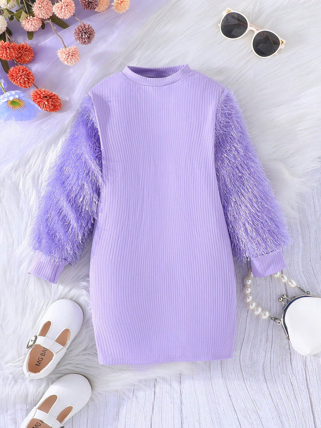 Young Girl Fuzzy Sleeve Fitted Dress - Negative Apparel