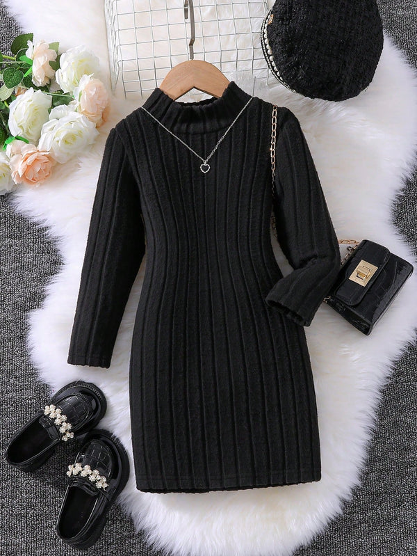 Young Girl Mock Neck Ribbed Knit Dress - Negative Apparel